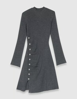 $385 MAJE Short Knit Dress 36 Dark Grey High Collar Buttons Gathered Slim  Fit | eBay