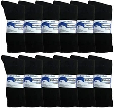 3 Pair Yacht & Smith Full Cushioned Crew Diabetic Men Sock Large Black (7-13)