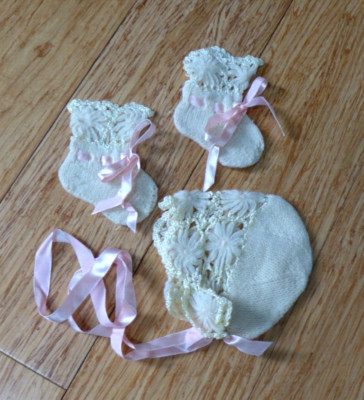 Vintage Newborn HandKnit Crochet Ivory Cream Wool Pink Ribbon Bonnet Hat Booties