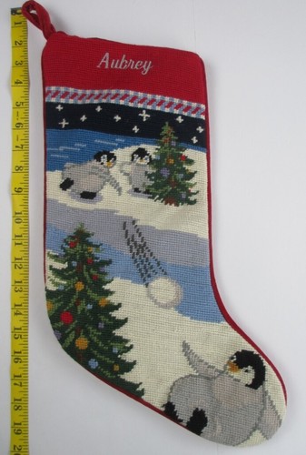 LANDS END Penguins Wool Needlepoint Christmas Stocking Flawed AUBREY