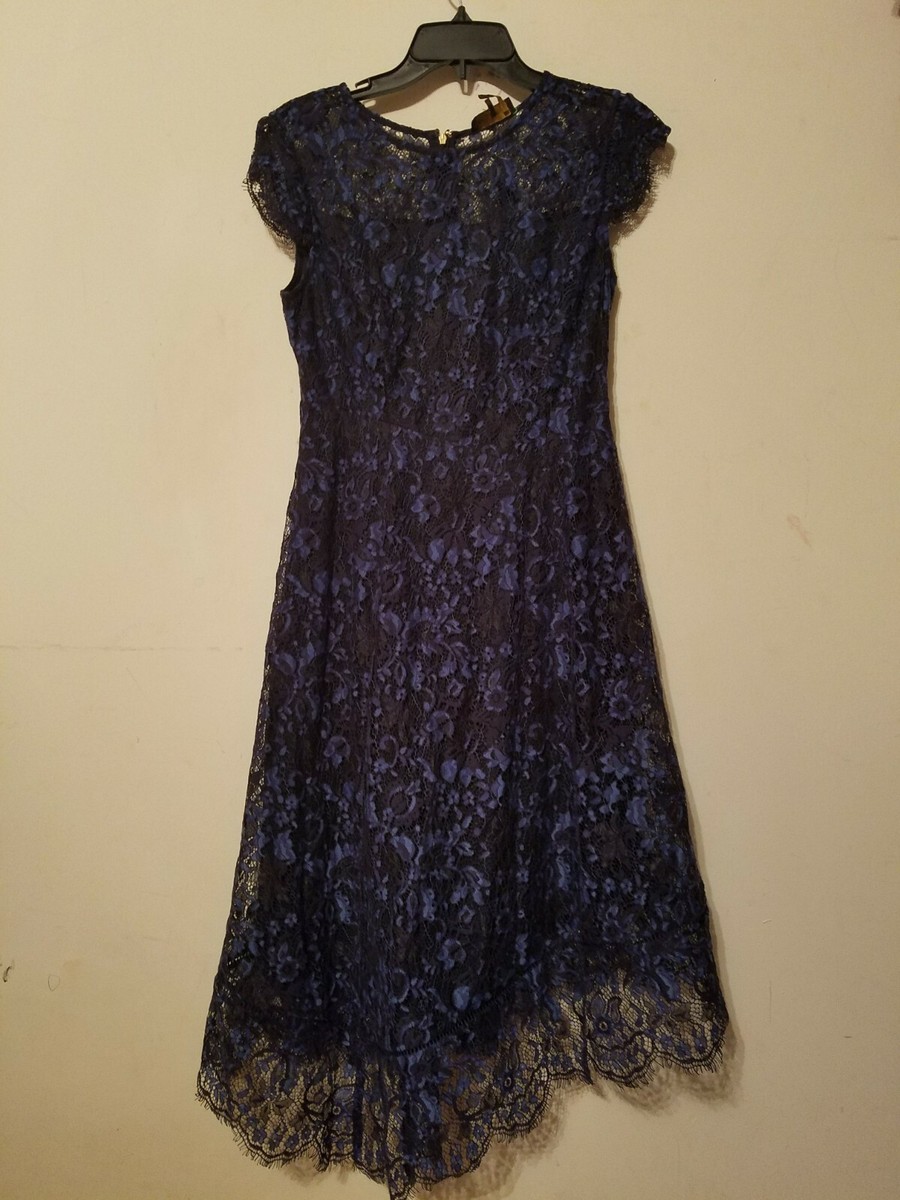 Donna Karan Cap- Sleeve Asymmetric Lace Midi Dress Blue Sz 6 | eBay