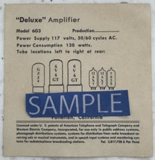 Vintage Brownface Deluxe  AMP 6G3 Replacement Tube Chart 1963  FEIC