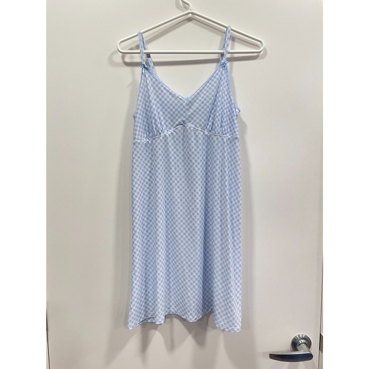 Rene Rofe Sleep EUC Cami Slip Dress Lingerie Blue White Gingham 