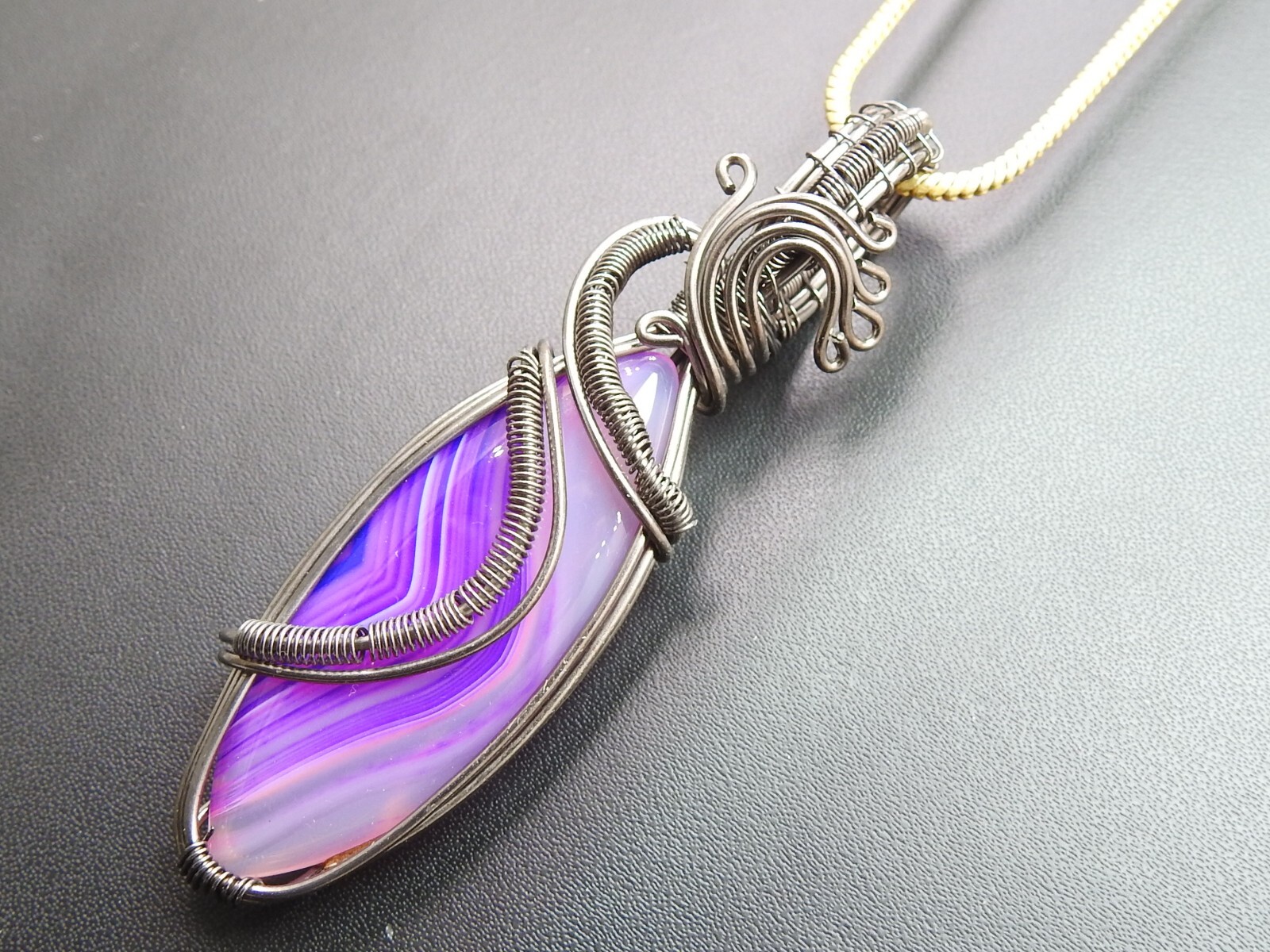 Purple Strip Agate Brass Pendant Silver Oxidised Polished Wire Wrapped Jewelry