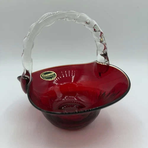 Kanawha Ruby Red Crackle Art Glass Basket Clear Applied Handle Vintage Handblown