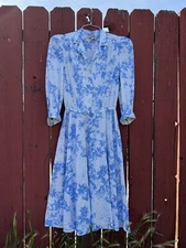 Vintage 70s 80s Floral California Looks Collared ButtonUp Dress Cottagecore Blue