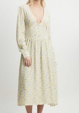 Na-kd Light Yellow & Blue Ditsy Floral Viscose Button Front Midi Dress size 10
