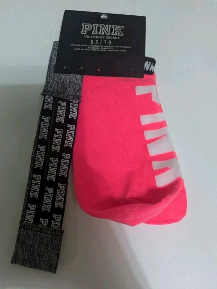 VICTORIA'S SECRET PINK Conjunto de Calcetines y Diadema Gris y Rosa Neón No Show O/S Nuevo Foto 3 de 3