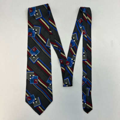 Erreuno Milano Mens Tie Necktie Multicolor Geometric 100% Silk Abstract Short