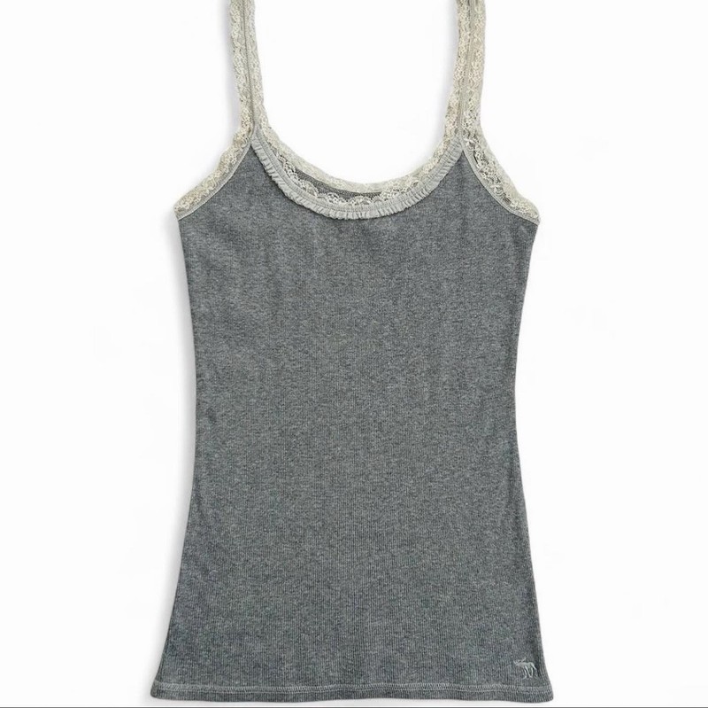 Y2K Vintage Abercrombie & Fitch Grey Lace Trim Ribbed Cami Tank Top Size L