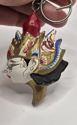 Vintage indonesischer Wayang Golek Puppenkopf Schlüsselanhänger handgeschnitzt Holz Volkskunst