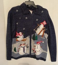 Vintage Tiara International Ugly Christmas Sweater Snowmen Cardigan Zip