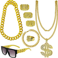 8Pcs 80S 90S Hip Hop Costumes Outfit Kit Fake Gold Chain Sunglasses Bracelet Dol