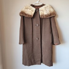 Vintage Womens Coat 1950s 1960s Fur Collar Wool Swing Jacket Jackie O Style MCM