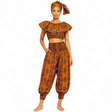 African Kente Print 3 Piece Pants Set for Women with Headwrap   Ruffle Crop Top