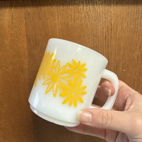 Vintage Glasbake Milk Glass White Mug With  Adorable Yellow Daisy Flowers