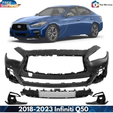 Front Bumper Cover Paintable & Fog Light Trim Kit For 2018-2023 Infiniti Q50