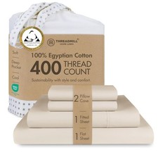 Threadmill 100 Egyptian Cotton Queen Sheet Set 400TC Sateen Beige New