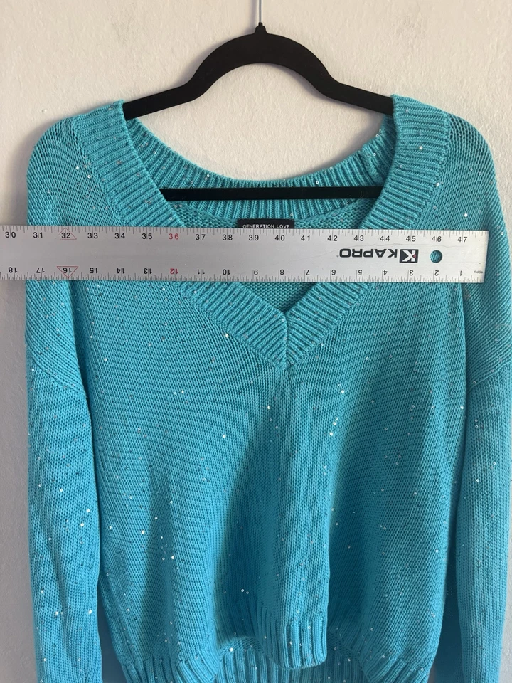Generation Love Womens Long Sleeve Knit V Neck Sweater Teal Blue Medium - Image 4 of 4