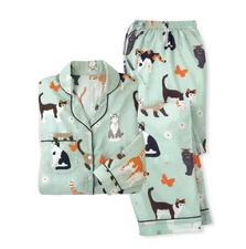 Signals Cat Print Pastel Green Women's 100% Cotton Pajama Set 1X NEW AND SEALED!