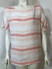 C & C California Womens Medium Linen Cap Sleeve Top Popover Pink Stripes Loose