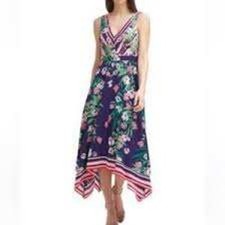 Vince Camuto Women Floral V Neck Midi Dress Navy Blue Pink Green Size 0