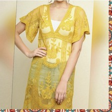 Umgee Boho Embroidered Lace Maxi Dress Mango Yellow Cover Up Dress