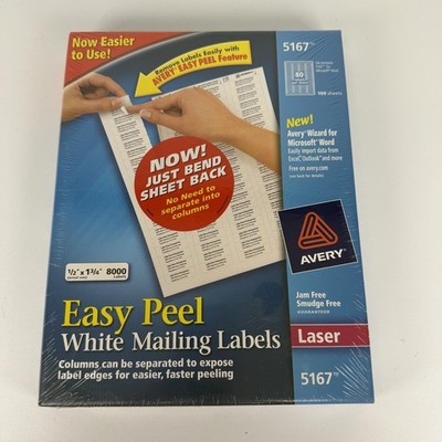 Avery Easy Peel White Address Labels Laser Printers 5167 8000 1/2  x 1 3/4 