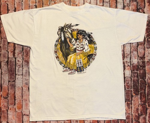 Vintage 90s Nature Aztec Native American Woman Single Stitch T-Shirt XL USA