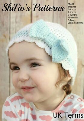 Häkelanleitung für Babys Schleife Mütze, 6 Größen, Frühchen bis 3 Jahre, UK Begriffe, CP403