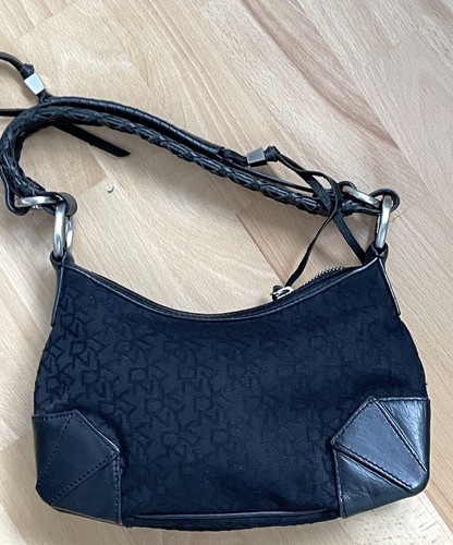 Donna Karan Shoulder Bag Black Small hobo Canvas Leather Zipped - Imagen 3 de 11