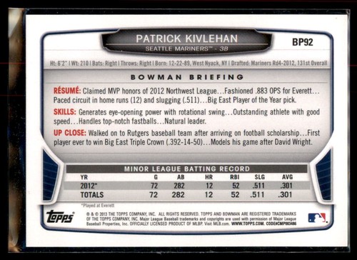 2013 Bowman Prospects Hometown Patrick Kivlehan #BP92 Seattle Mariners - Picture 2 of 2