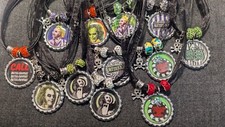 Beetlejuice Halloween Black Ribbon Bottle Cap Bling Skull Charm Necklace CHOOSE 