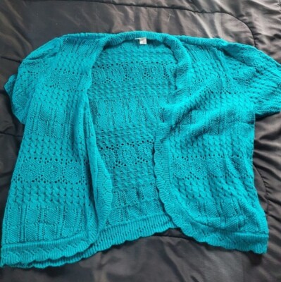 women 2x turquoise blue crochet short sleeve open front overlay top CJ Banks
