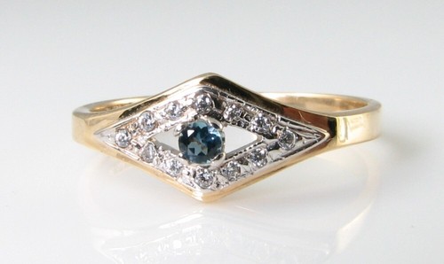 9K 9CT GOLD LONDON BLUE TOPAZ DIAMOND ART DECO LOZENGE GALLERY RING FREE RESIZE - Picture 3 of 6