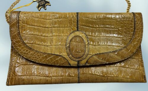 Echtes Leder Brown Leather Croc Embossed Clutch Shoulder Purse Bag with Chain - Picture 2 of 9