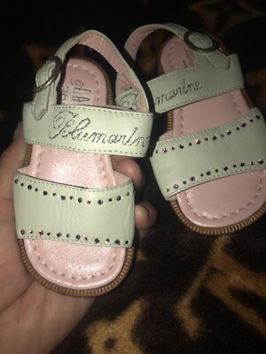 Sandales Blumarine Bébé En Cuir Vert Menthe Avec Strass Roses - Neuves Sans Boîte