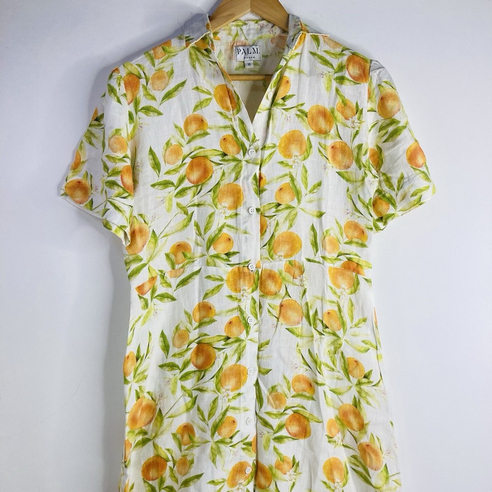 Palm Noosa Womens Fruit Print Linen Shirt Dress Size 10 Midi Maxi Designer