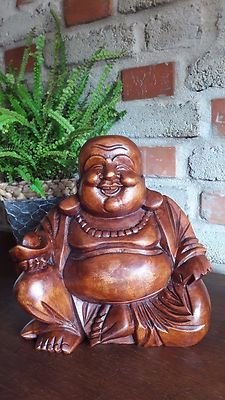 Happy Buddha Skulptur Statue Feng Shui Buddhismus Kunst Kultur geschnitzt Bali 