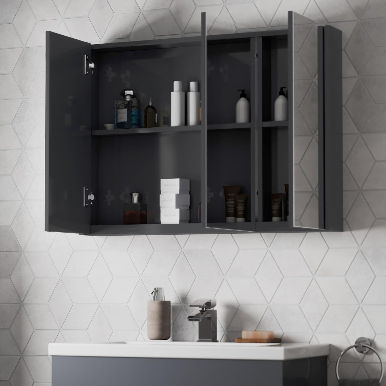 900mm Bathroom Mirror 3 Door Storage Cupboard Wall Mounted Grey