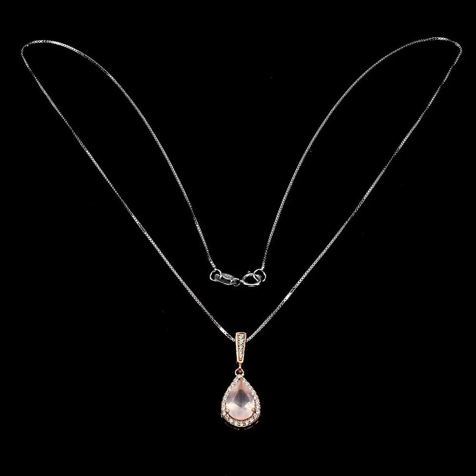 Collana In Argento Sterling 925 Con Quarzo Rosa Simulato Cz 9x6mm 18 - Immagine 3 di 4