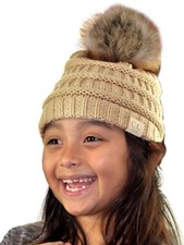 C.C Children's Kids' Soft Stretch Cable Knit Faux Fur Pom Beanie Hat