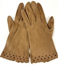 80s Vintage Leather Gloves Brown Italy Scalloped Edge Ladies UNWORN Size Small