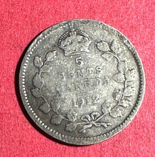 1912 Canada King George V SILVER 5 CENT! Good Details! Old Canadian Coin!