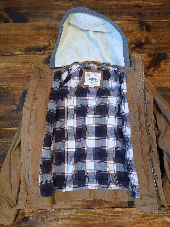 Chaqueta American Eagle Para Hombre L Marrón Lona Forrada de Vellón Capucha Cremallera Completa/Abrigo a Presión Foto 2 de 4