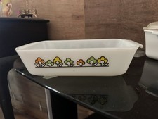 Vintage Glass Loaf Pan Floral Design White Or...