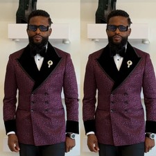 Fashion Men's Suits Purple Leopard Double Breasted Wide Lapel Wedding Tuxedos