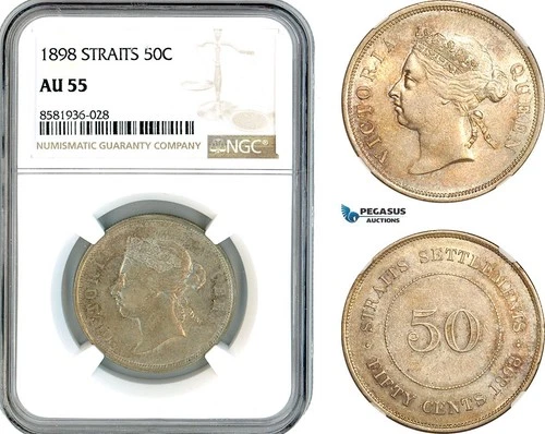 AL128, Straits Settlements, Victoria, 50 Cents 1898, London, Silver, NGC AU55