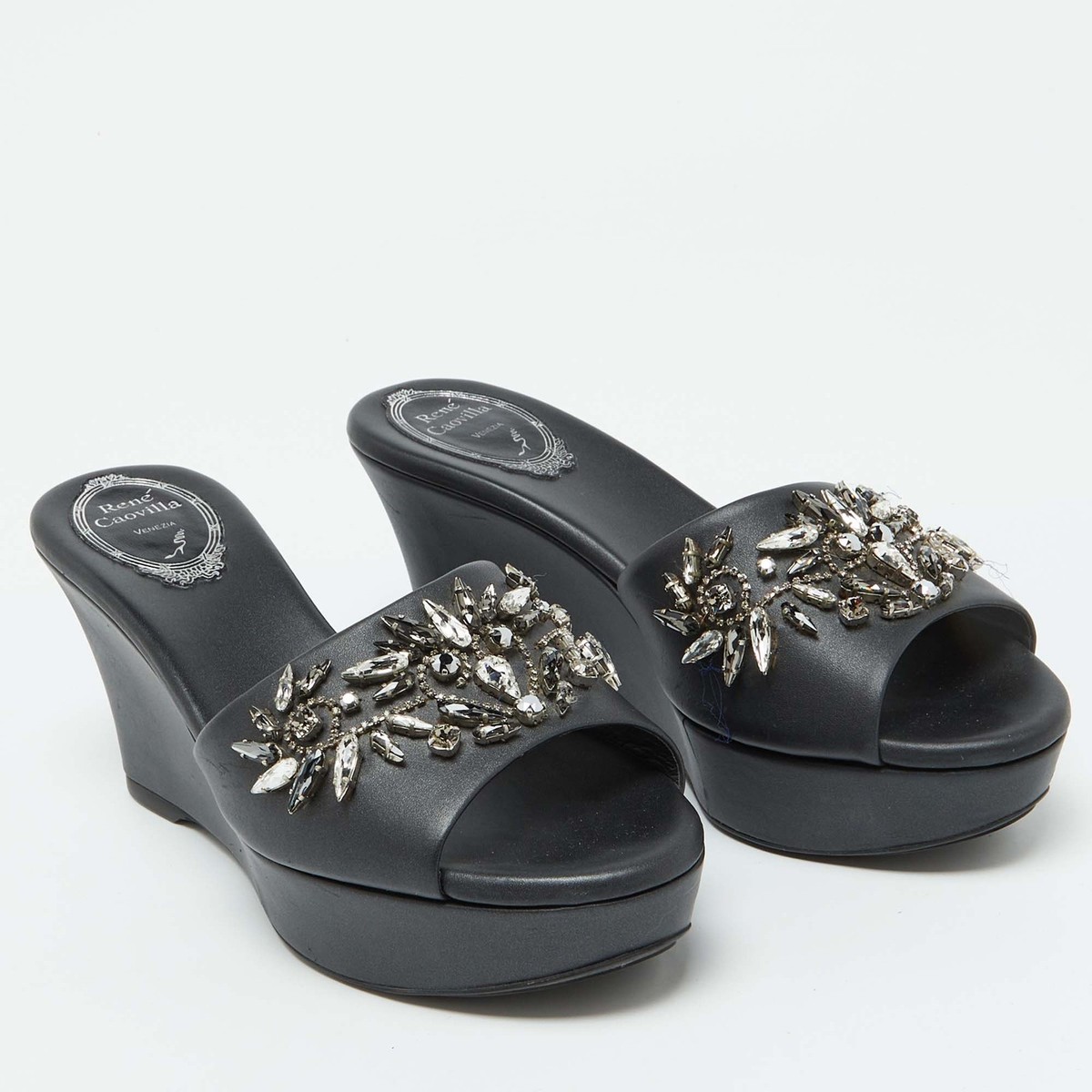Rene Caovilla Black Leather Crystal Embellished Platform