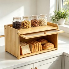 Bamboo Wooden Bread Bin Food Storage Box Holder With Lift Up Lid Huge Capacity